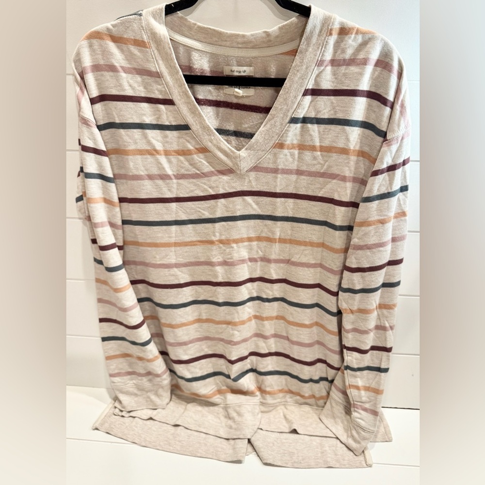 Thread & Supply Multi Color Stripped V-Neck Long Sleeve Shirt, Size Small